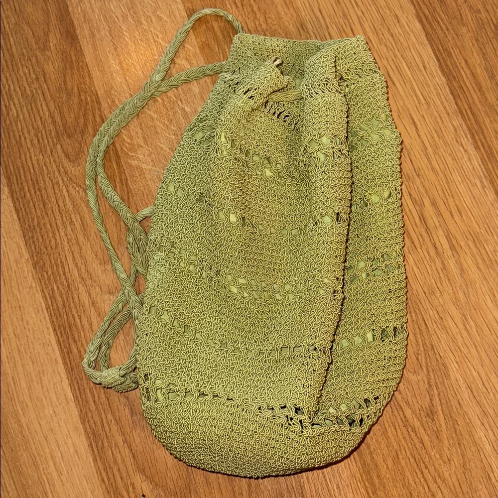 VTG  90’s Y2K Drawstring Backpack Purse Summer Crochet Carlo D'Santi Lime Green